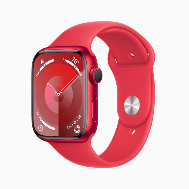 Apple Watch Series 9 i aluminium i farven (PRODUCT)RED med en (PRODUCT)RED Sportsrem.