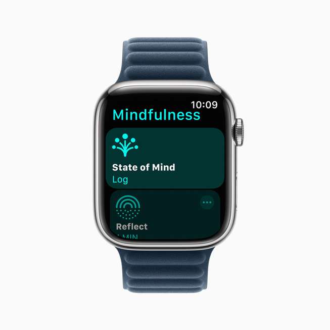 Skärmen för loggning av sinnesstämning i appen Mindfulness visas i watchOS 10 på Apple Watch Series 9 med magnetlänk.
