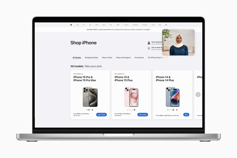 Se muestra Compra con un Especialista online en apple.com.