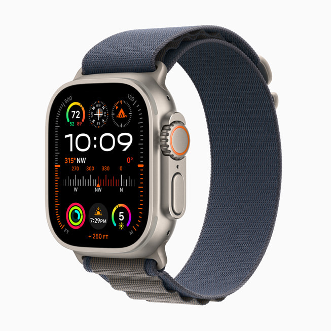 Apple Watch Ultra 2 mit einem Alpine Loop Armband in Blau.