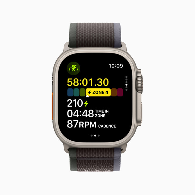 Apple Watch Ultra 2 shows a cyclist’s workout stats.