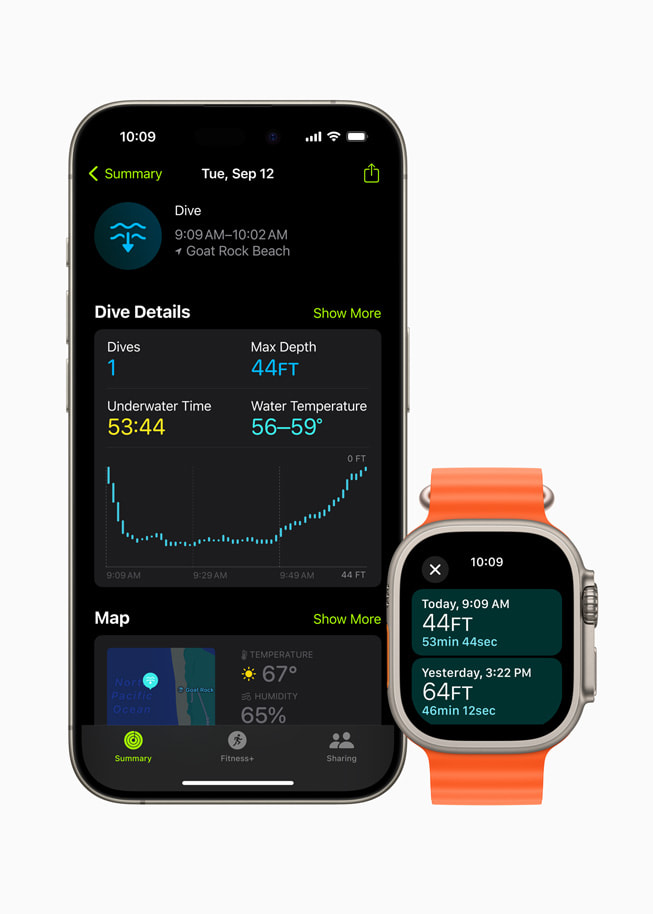 Se muestran un Apple Watch Ultra y un iPhone 15 Pro enlazados sobre un fondo blanco. Ambos dispositivos muestran las estadísticas de buceo de un usuario.