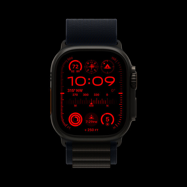Nowa tarcza zegarkowa Modular Ultra pokazana na wyświetlaczu Apple Watch Ultra 2 w Trybie nocnym.