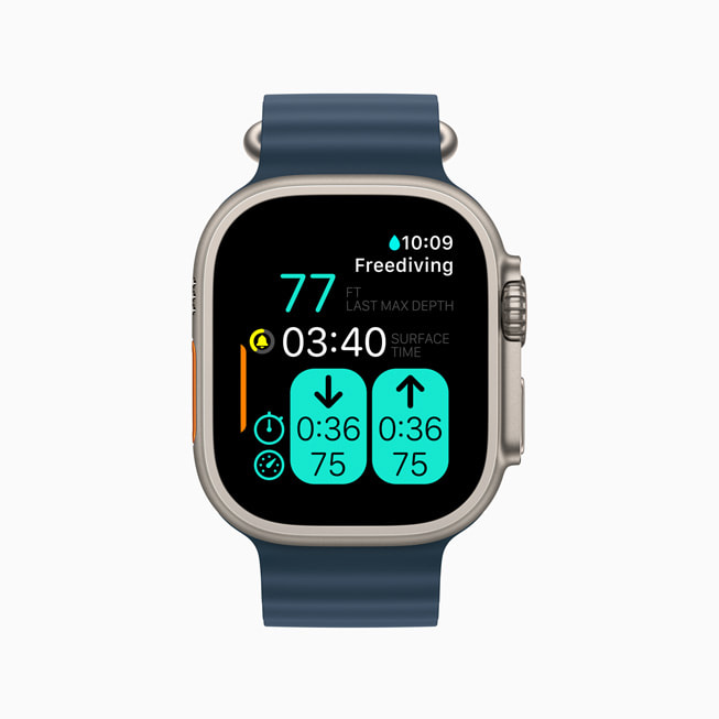 Apple Watch Ultra z widocznymi statystykami użytkownika z sesji nurkowania na bezdechu.