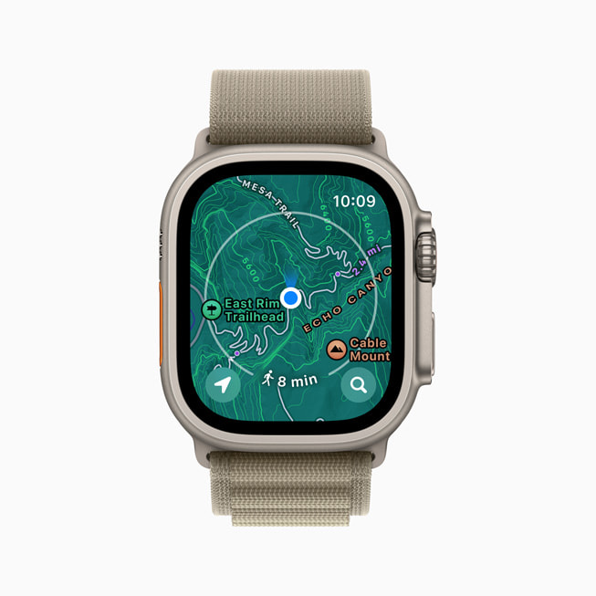 New topographic maps in the Maps app are shown on Apple Watch Ultra 2.