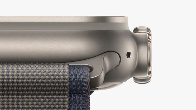 A close-up detail of where Apple Watch Ultra 2 meets the band.