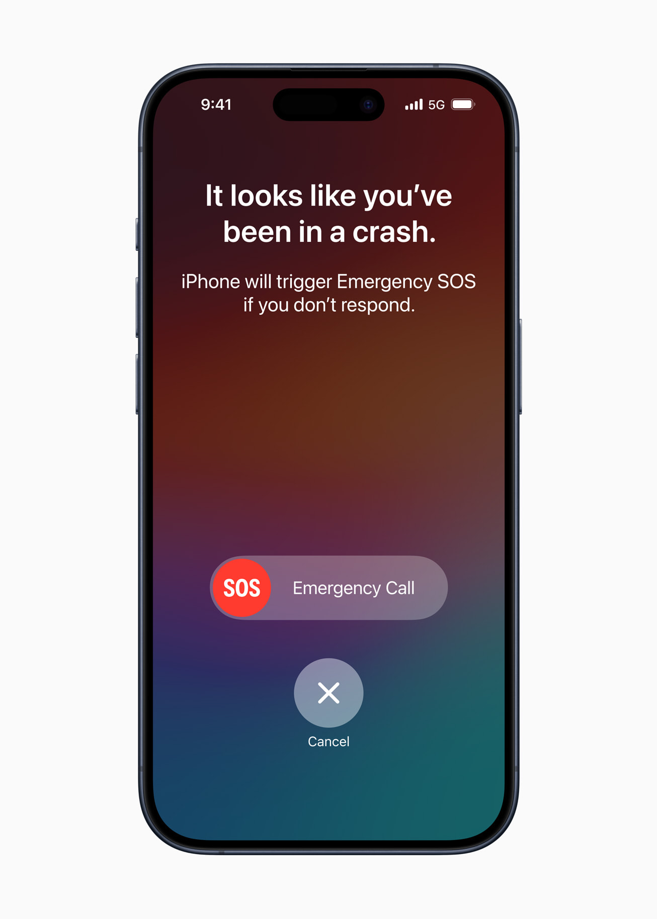 Sebuah pesan dalam deteksi kecelakaan yang menawarkan untuk menghubungi keadaan darurat, ditampilkan di iPhone 15 Pro