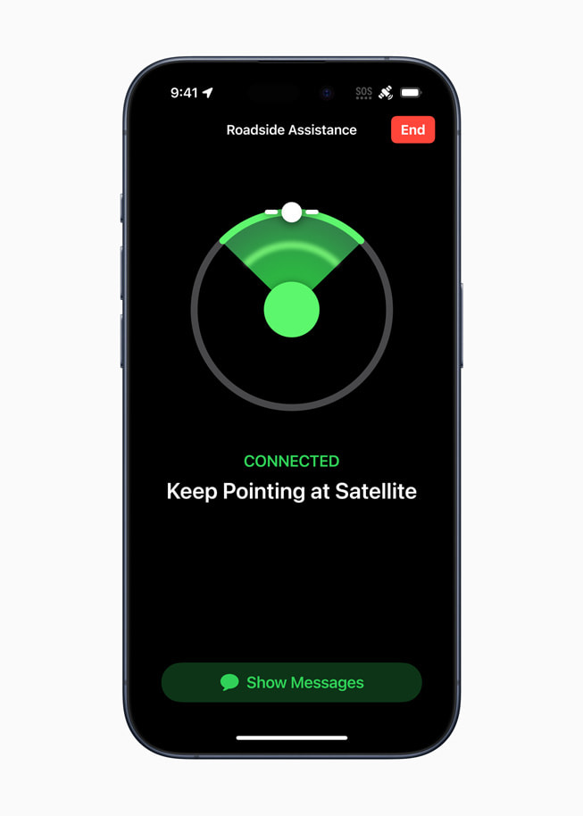 Satellite connection in Roadside Assistance displayed on iPhone 15 Pro.