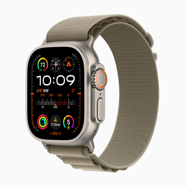 Apple Watch Ultra 2 met het nieuwe olijfgroene Alpine-bandje.