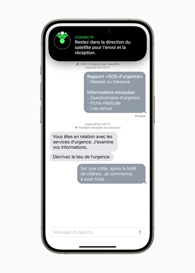 Les échanges entre un utilisateur et les services d’urgence dans SOS d’urgence par satellite sur l’iPhone 15 Pro.