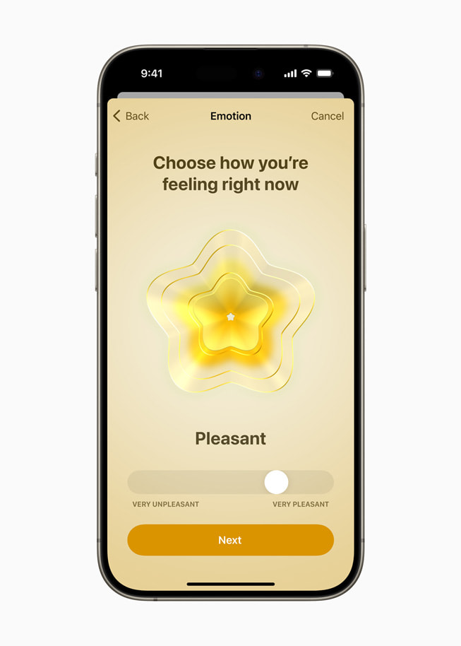 Het scherm voor het aangeven van je gemoedstoestand in de Gezondheid-app op een iPhone 15 Pro.
