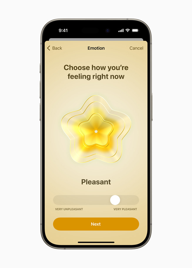 Health tracking a user’s state of mind is shown on iPhone 15 Pro.