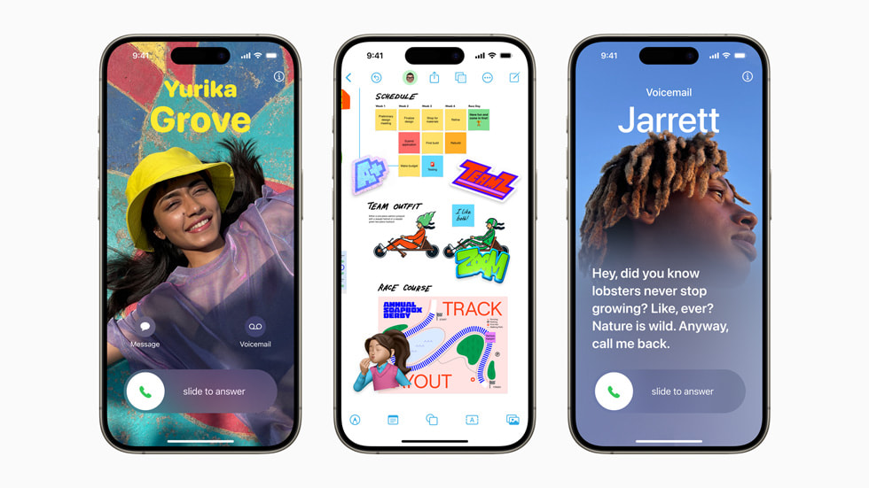 Contact Posters, Live Stickers, and Live Voicemail are shown on iPhone 15 Pro.