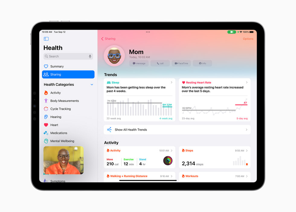 Se muestran datos de Salud compartidos en un iPad Pro de 11 pulgadas.