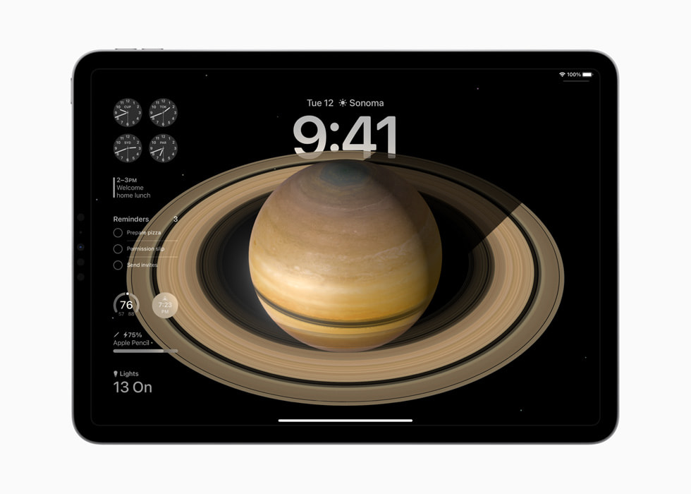 在 11 吋 iPad Pro 上展示「天文」背景圖片的鎖定畫面。