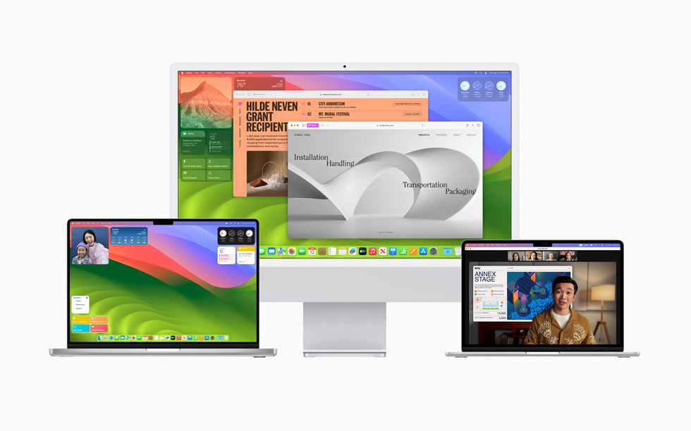 macOS Sonoma auf einem MacBook Pro, einem 27-Zoll-iMac und einem MacBook Air.
