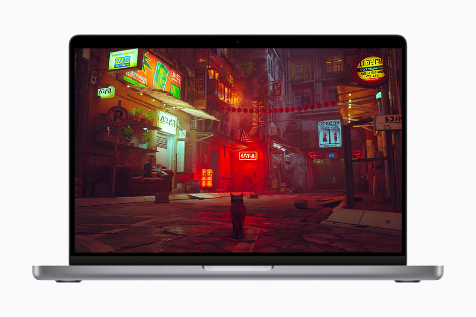 MacBook Proに表示されているビデオゲーム"Stray"の画面。