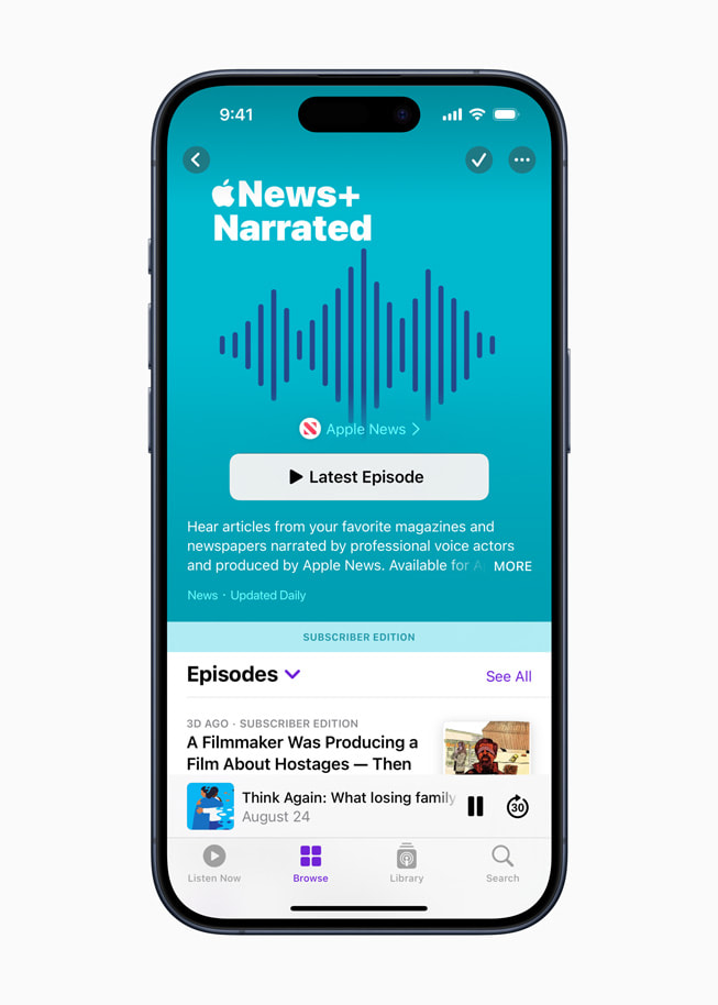 Illustrazione del programma Apple News+ Narrated su Apple Podcasts.