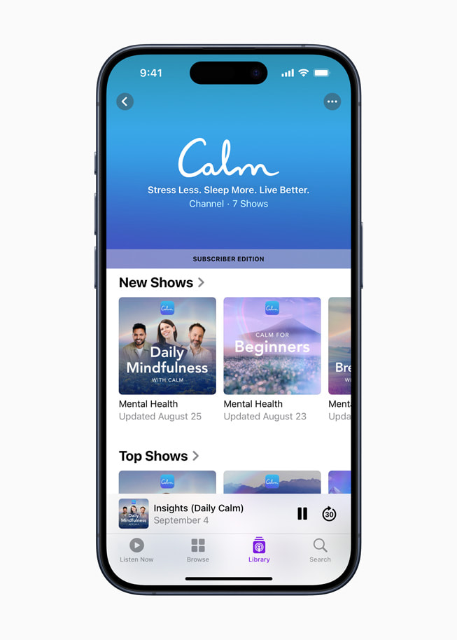 A page for a subscriber’s Calm app podcasts is shown on iPhone 15 Pro.