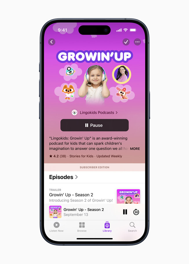 Siden for podcasten Lingokids’ Growin’ Up vises i Apple Podcasts.