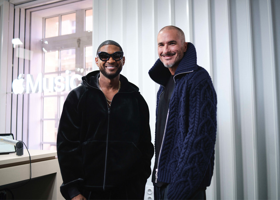 Ilustración de The Zane Lowe Show en Apple Music. La imagen muestra al presentador Zane Lowe con Usher.