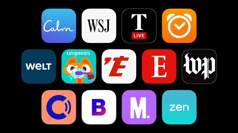 Les icônes des apps affichées sur fond noir, parmi lesquelles Apple News, Calm, The Wall Street Journal, The Times, The Washington Post et Lingokids.
