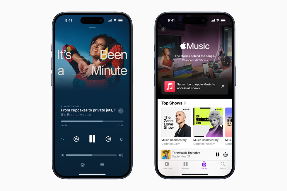 Two iPhone 15 Pro screens show the Apple Podcasts experience in iOS 17.