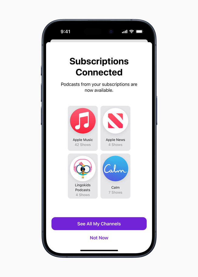 An iPhone 15 Pro screen shows the Apple Podcasts interface and says “Subscriptions Connected: Podcasts from your subscriptions are now available”, along with a button that says “See All My Channels.”