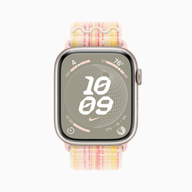 Se muestra un Apple Watch Series 9 con la carátula Globo de Nike.
