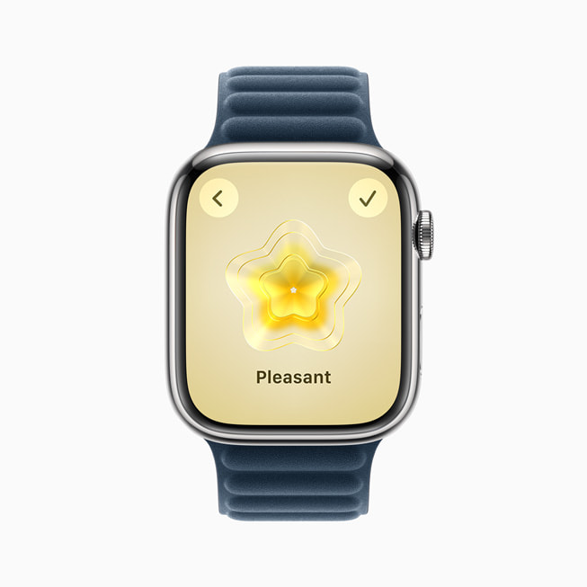 Une Apple Watch Series 9 affiche la sélection de l’état Agréable lors de l’enregistrement de l’état d’esprit dans l’app Pleine conscience.