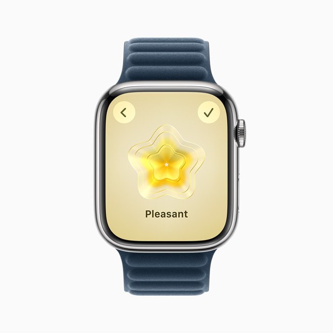 Apple Watch Series 9’da Farkındalık uygulamasındaki duygu durumu kaydında Keyifli seçimi gösteriliyor.