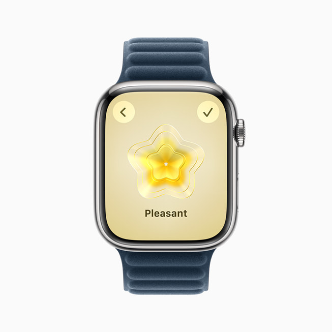 Apple Watch Series 9 shows the selection of Pleasant in state of mind logging in the Mindfulness app.