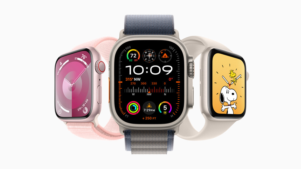 Três modelos de Apple Watch que representam a família atual.