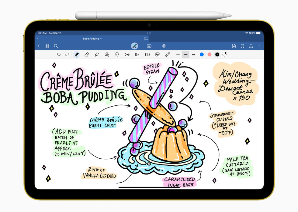 ユーザーがGoodnotes 6アプリで描いたスケッチが表示されているiPadとApple Pencil。