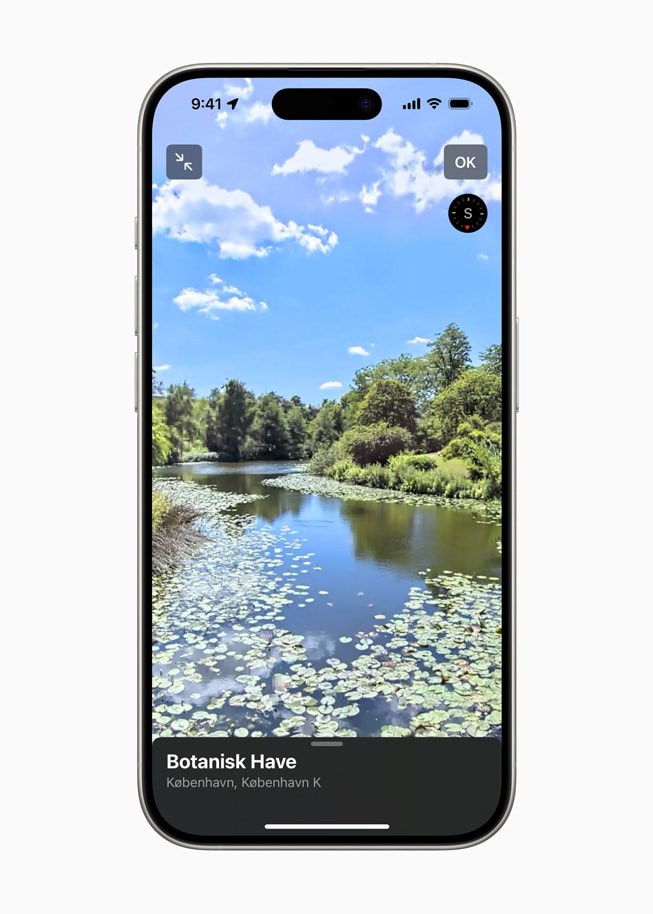 Se dig omkring-funktionen i Apple Kort bruges til at udforske Botanisk Have på iPhone 15 Pro.