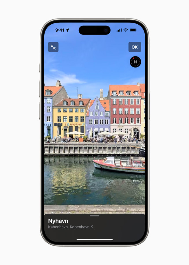 Se dig omkring-funktionen i Apple Kort bruges til at udforske Nyhavn på iPhone 15 Pro.