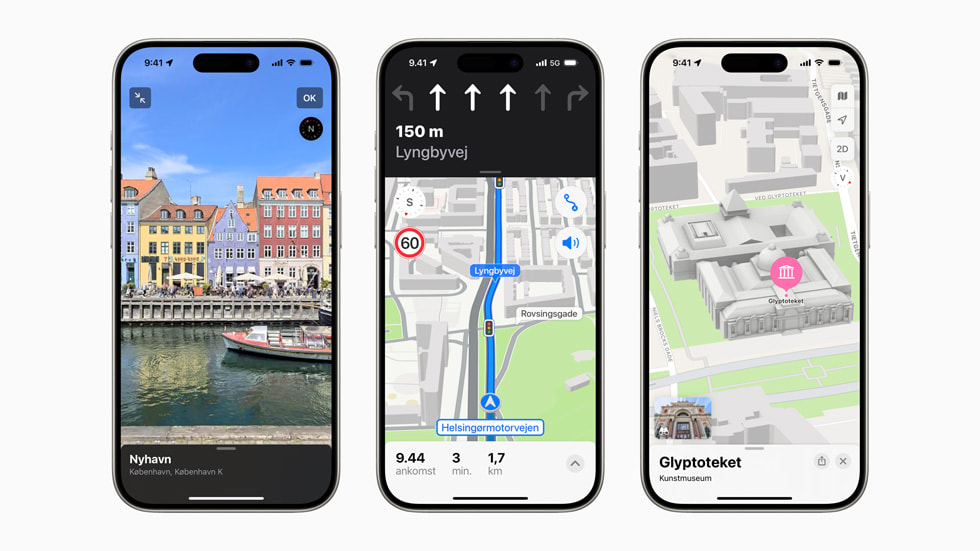 De nye funktioner i Apple Kort i Danmark vises på iPhone 15 Pro-enheder.