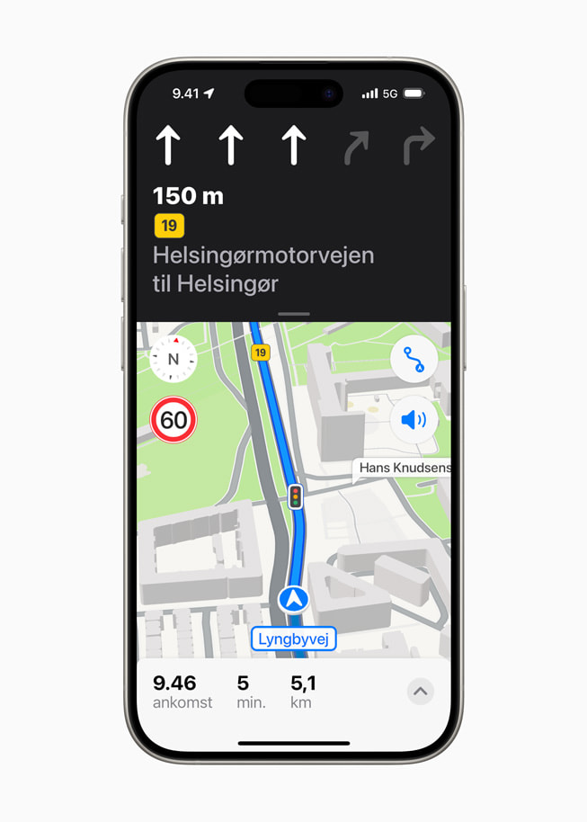 Opdateret navigation i Apple Kort på iPhone 15 Pro.