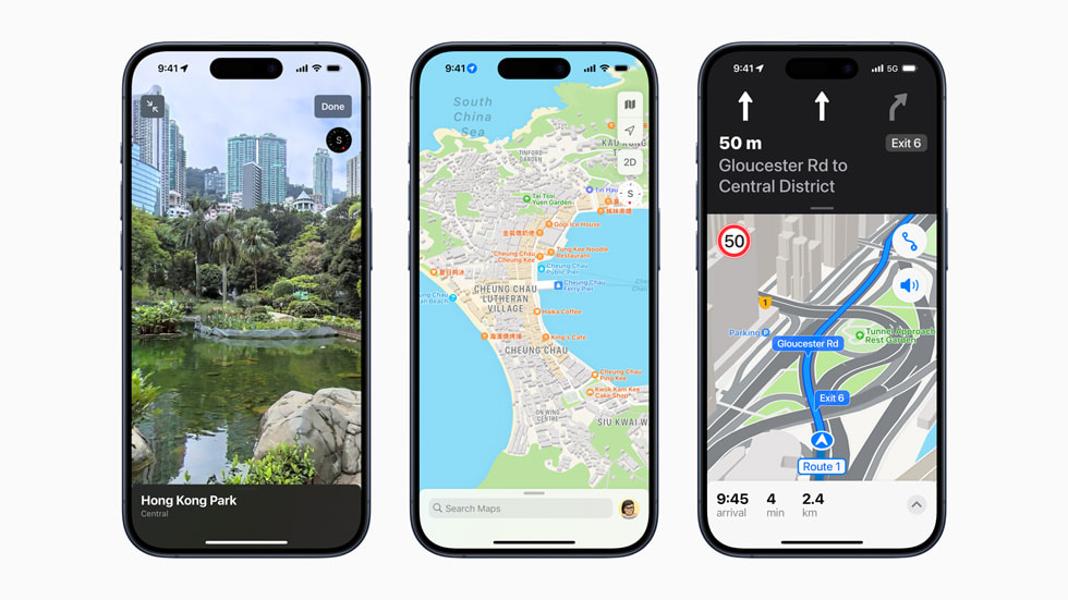 New Apple Maps features for Hong Kong being showcased on iPhone 15 Pro.
