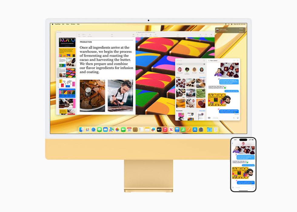 配備 M3 晶片的全新黃色 iMac 上展示「接續互通」功能，電腦一則放著 iPhone 15 Pro。