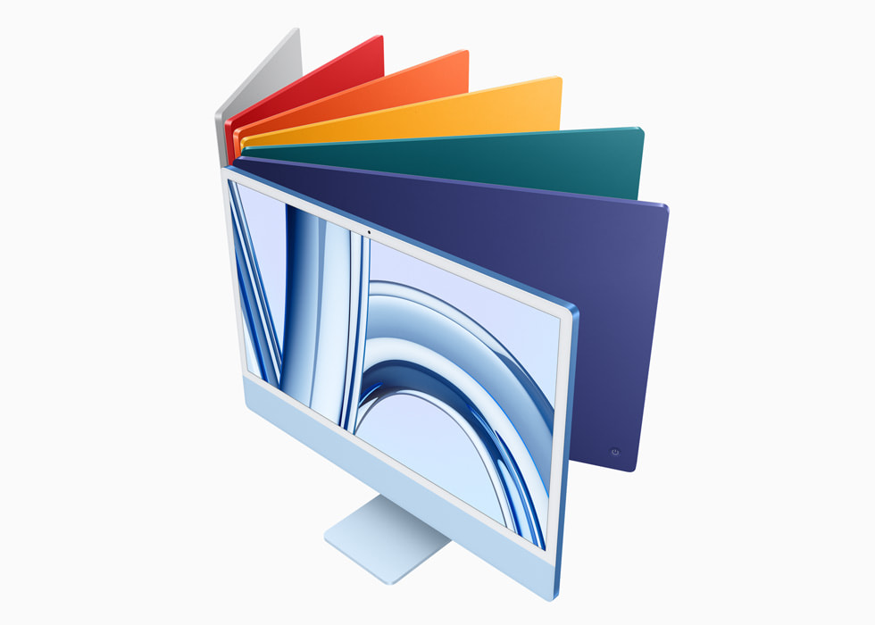 Der 24" iMac mit M3 in sieben Farben: Silber, Rosé, Orange, Gelb, Grün, Violett und Blau.