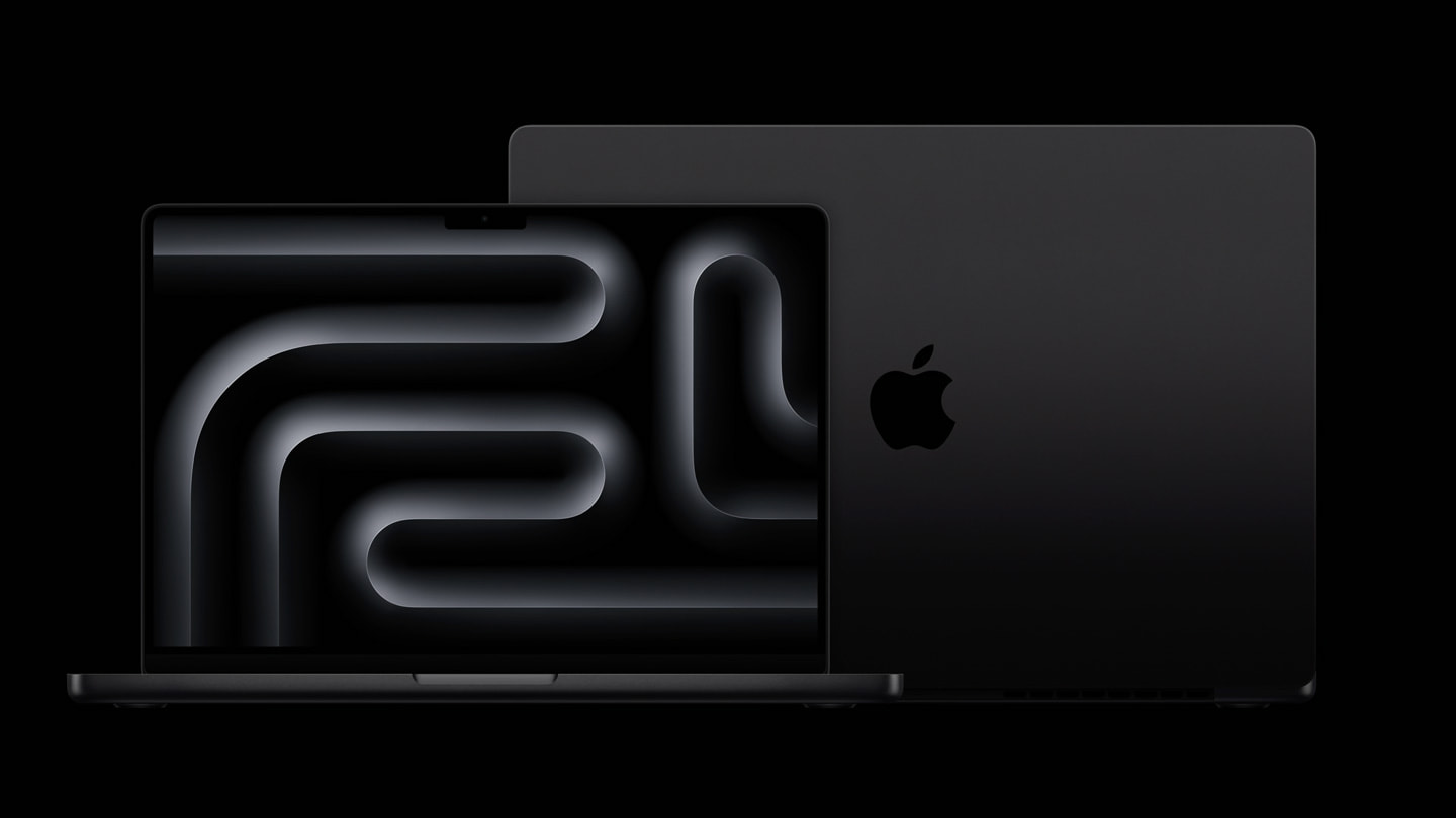 검은색 배경을 바탕으로 두 대의 MacBook Pro가 한 대는 전면을, 다른 한 대는 후면을 향하고 있는 이미지.