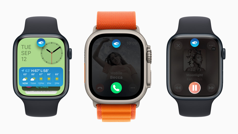 Three devices from the latest Apple Watch family are shown.