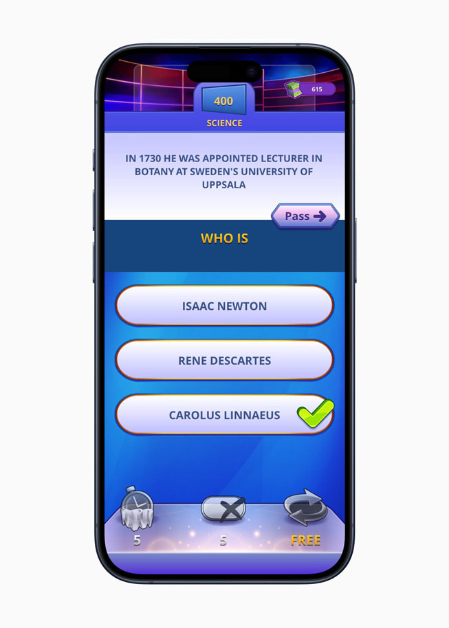 A still from the game Jeopardy! World Tour+ is shown on iPhone 15 Pro.