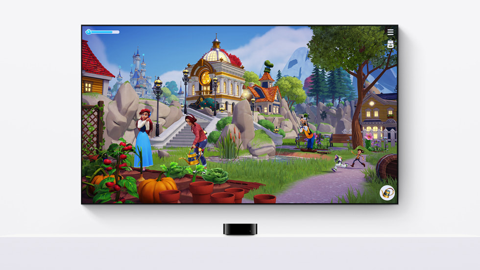 Una scena di Disney Dreamlight Valley su un televisore collegato a una Apple TV.
