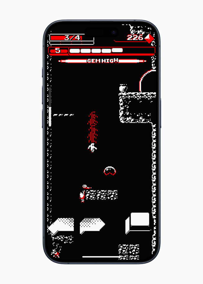 《Downwell+》遊戲畫面顯示於 Phone 15 Pro 上。