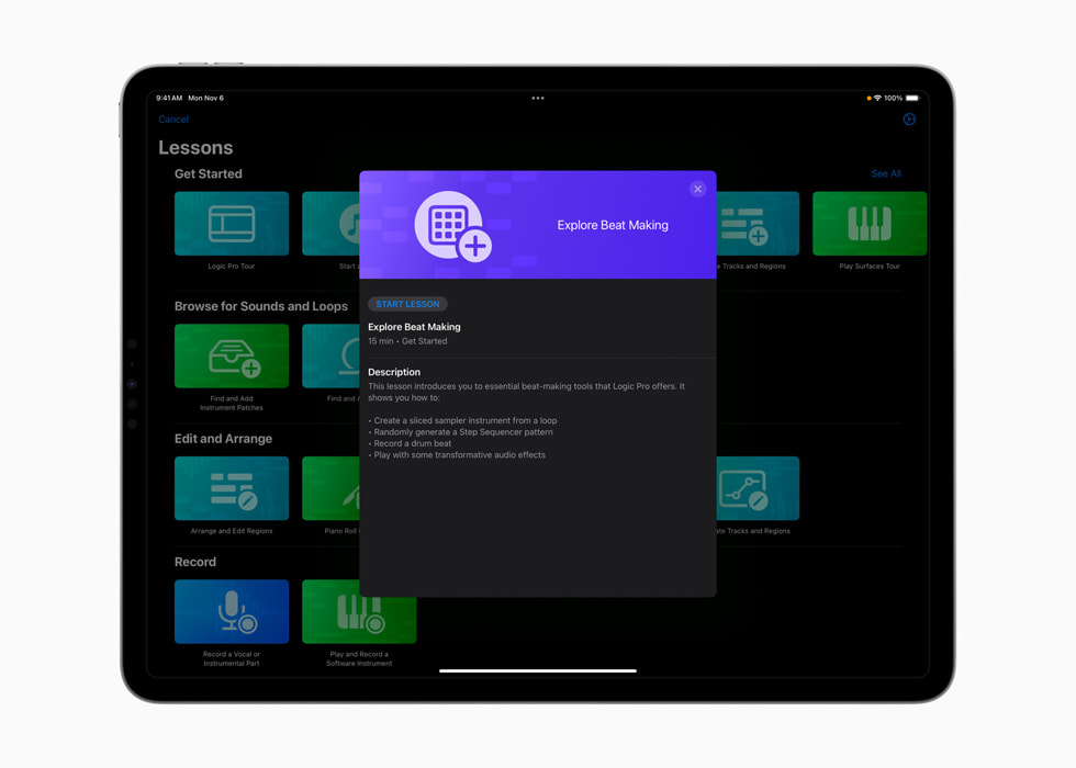 A Logic Pro Lesson called Explore Beat Making is shown on iPad.