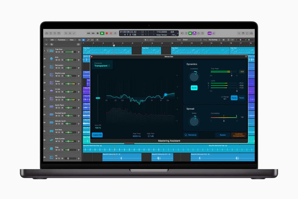 MacBook için Logic Pro’da Mastering Assistant gösteriliyor.