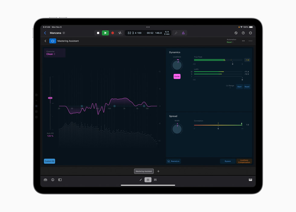 iPad 版 Logic Pro 上展示 Mastering Assistant。