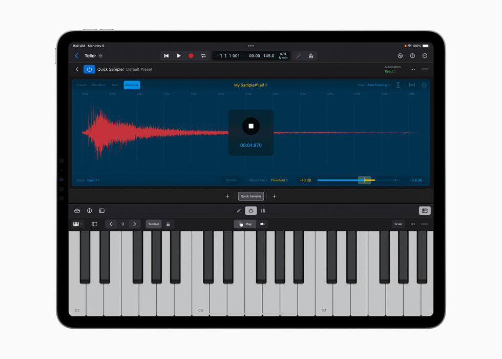 The Quick Sampler Recorder mode is shown on iPad.